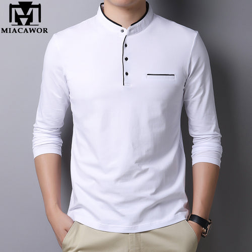 MIACAWOR New Spring Men Polo Shirt 95% Cotton Solid Color Mandarin Collar Long Sleeve Polo Men Slim Fit Polo Homme T805