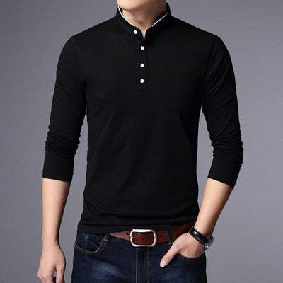 MIACAWOR New Spring Men Polo Shirt 95% Cotton Solid Color Mandarin Collar Long Sleeve Polo Men Slim Fit Polo Homme T805