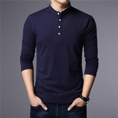 MIACAWOR New Spring Men Polo Shirt 95% Cotton Solid Color Mandarin Collar Long Sleeve Polo Men Slim Fit Polo Homme T805