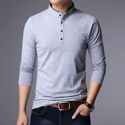 MIACAWOR New Spring Men Polo Shirt 95% Cotton Solid Color Mandarin Collar Long Sleeve Polo Men Slim Fit Polo Homme T805