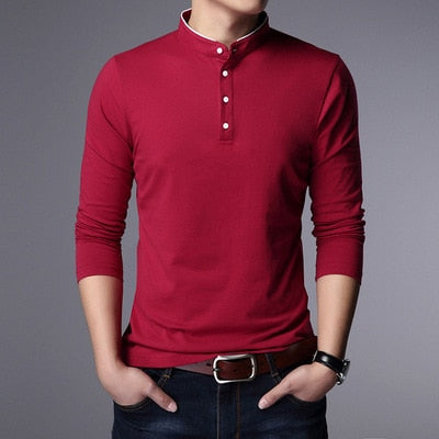 MIACAWOR New Spring Men Polo Shirt 95% Cotton Solid Color Mandarin Collar Long Sleeve Polo Men Slim Fit Polo Homme T805