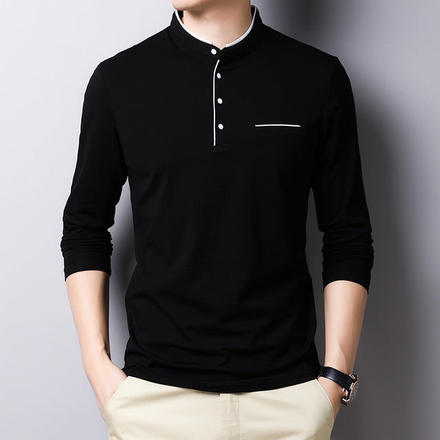MIACAWOR New Spring Men Polo Shirt 95% Cotton Solid Color Mandarin Collar Long Sleeve Polo Men Slim Fit Polo Homme T805