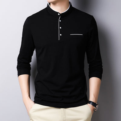 MIACAWOR New Spring Men Polo Shirt 95% Cotton Solid Color Mandarin Collar Long Sleeve Polo Men Slim Fit Polo Homme T805
