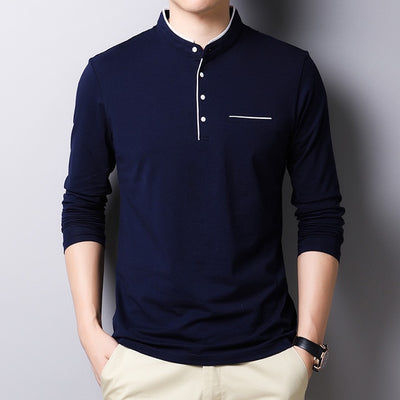 MIACAWOR New Spring Men Polo Shirt 95% Cotton Solid Color Mandarin Collar Long Sleeve Polo Men Slim Fit Polo Homme T805
