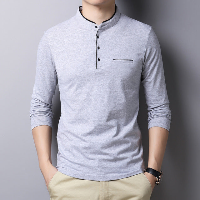 MIACAWOR New Spring Men Polo Shirt 95% Cotton Solid Color Mandarin Collar Long Sleeve Polo Men Slim Fit Polo Homme T805