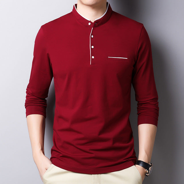 MIACAWOR New Spring Men Polo Shirt 95% Cotton Solid Color Mandarin Collar Long Sleeve Polo Men Slim Fit Polo Homme T805