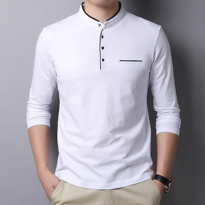 MIACAWOR New Spring Men Polo Shirt 95% Cotton Solid Color Mandarin Collar Long Sleeve Polo Men Slim Fit Polo Homme T805