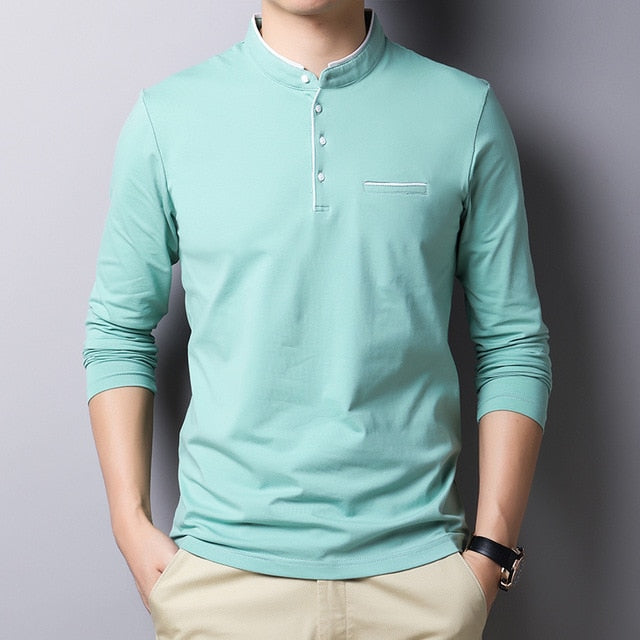 MIACAWOR New Spring Men Polo Shirt 95% Cotton Solid Color Mandarin Collar Long Sleeve Polo Men Slim Fit Polo Homme T805