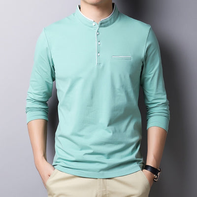 MIACAWOR New Spring Men Polo Shirt 95% Cotton Solid Color Mandarin Collar Long Sleeve Polo Men Slim Fit Polo Homme T805