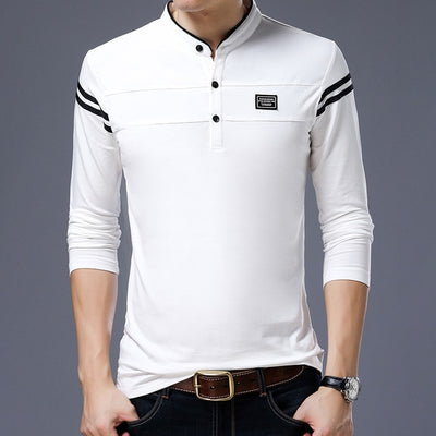MIACAWOR New Spring Men Polo Shirt 95% Cotton Solid Color Mandarin Collar Long Sleeve Polo Men Slim Fit Polo Homme T805