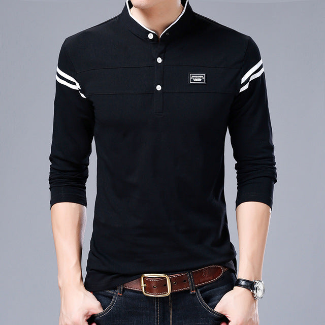 MIACAWOR New Spring Men Polo Shirt 95% Cotton Solid Color Mandarin Collar Long Sleeve Polo Men Slim Fit Polo Homme T805