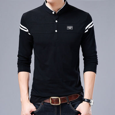 MIACAWOR New Spring Men Polo Shirt 95% Cotton Solid Color Mandarin Collar Long Sleeve Polo Men Slim Fit Polo Homme T805