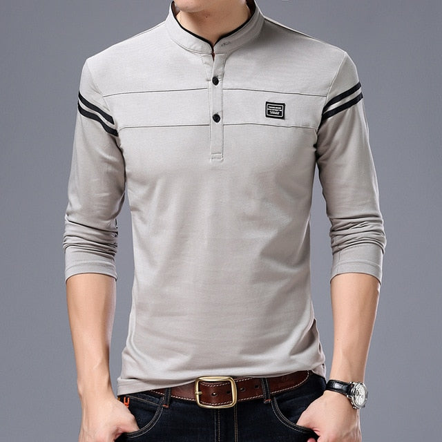 MIACAWOR New Spring Men Polo Shirt 95% Cotton Solid Color Mandarin Collar Long Sleeve Polo Men Slim Fit Polo Homme T805
