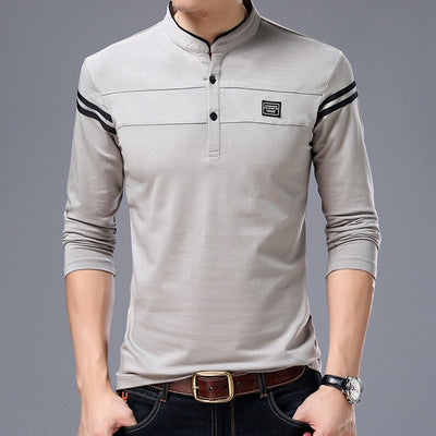 MIACAWOR New Spring Men Polo Shirt 95% Cotton Solid Color Mandarin Collar Long Sleeve Polo Men Slim Fit Polo Homme T805