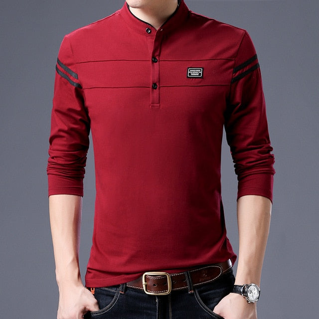 MIACAWOR New Spring Men Polo Shirt 95% Cotton Solid Color Mandarin Collar Long Sleeve Polo Men Slim Fit Polo Homme T805