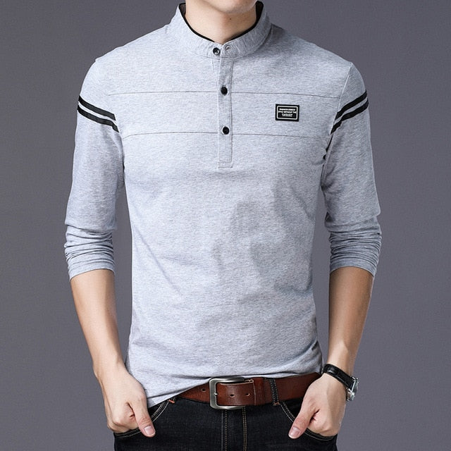 MIACAWOR New Spring Men Polo Shirt 95% Cotton Solid Color Mandarin Collar Long Sleeve Polo Men Slim Fit Polo Homme T805