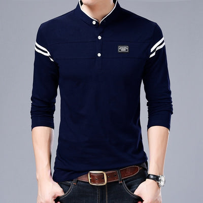 MIACAWOR New Spring Men Polo Shirt 95% Cotton Solid Color Mandarin Collar Long Sleeve Polo Men Slim Fit Polo Homme T805